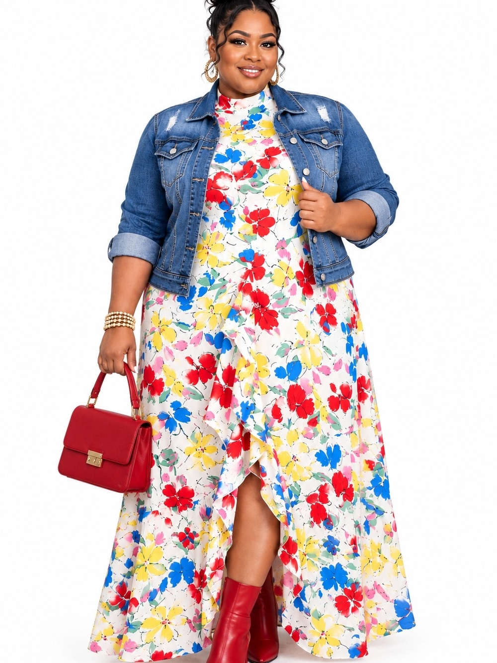 RIXO White Maxi Dress with Red, Yellow & Blue Floral Print